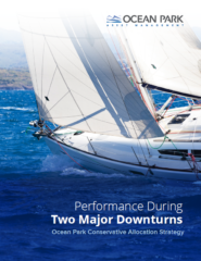 Sailboat racing on blue ocean waves; several large sails billowing in the wind. Background shows distant coastline. Text: 'OCEAN PARK ASSET MANAGEMENT' and 'Performance During Two Major Downturns Ocean Park Conservative Allocation Strategy.'