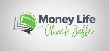 A logo featuring a stylized green book and dialogue bubble, accompanied by the text: 'Money Life with Chuck Jaffe,' set against a gray background.