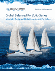 Sailboats glide on a calm ocean with gentle waves. Text reads: 'OCEAN PARK ASSET MANAGEMENT, Disciplined Risk Management, Global Balanced Portfolio Series, Mindfully Designed Global Investment Portfolios.' Mountains appear in the background under partly cloudy skies.