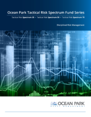 Futuristic stock market graphs overlay a blue background featuring data points and global maps. Text reads: 'Ocean Park Tactical Risk Spectrum Fund Series,' promoting fund types and 'Disciplined Risk Management.' At the bottom, 'Ocean Park Asset Management' logo.