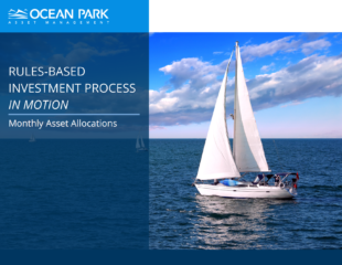 A sailboat with white sails glides on a calm, blue ocean under a partly cloudy sky. Text reads: 'OCEAN PARK ASSET MANAGEMENT. RULES-BASED INVESTMENT PROCESS IN MOTION. Monthly Asset Allocations.'