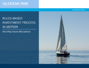 Sailboat gliding on calm blue water under clear sky; people aboard. Text reads: 'OCEAN PARK ASSET MANAGEMENT. RULES-BASED INVESTMENT PROCESS IN MOTION. Monthly Asset Allocations. Available at Orion.'