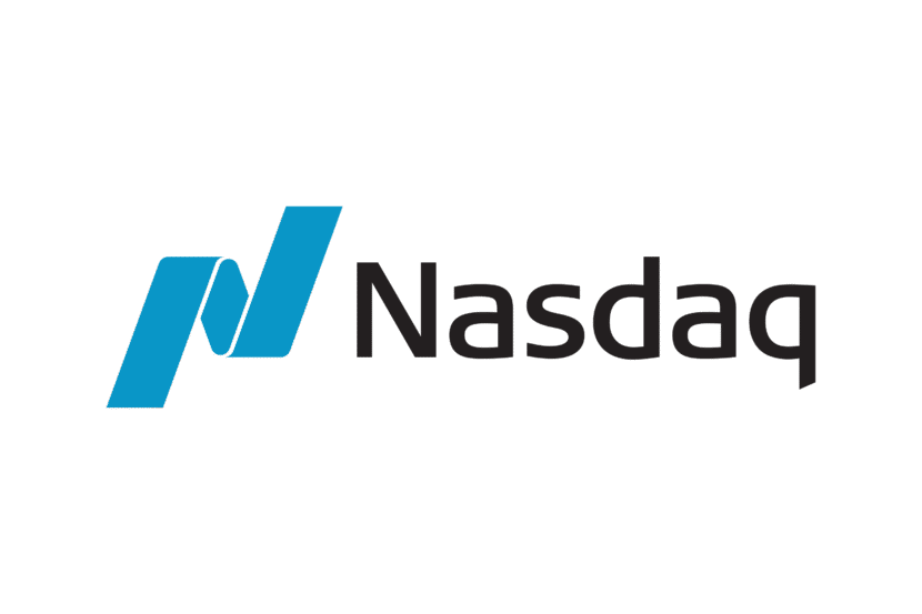 Nasdaq logo features a stylized blue 'N' next to the word 'Nasdaq' in black, set against a black background.