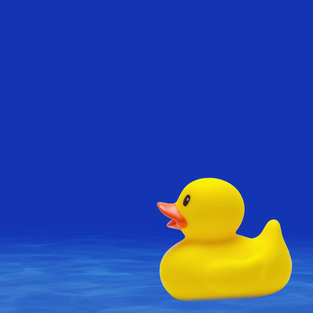 A yellow rubber duck floats on blue water, set against a vibrant blue background, appearing stationary and prominently centered in the lower right area.