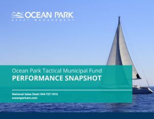 A sailboat glides on a calm sea under a clear sky. Text reads: 'Ocean Park Tactical Municipal Fund PERFORMANCE SNAPSHOT. National Sales Desk: 844-727-1813 oceanparkam.com.'