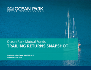A sailboat floats on clear blue water. Overlaid text reads: 'Ocean Park Asset Management. Ocean Park Mutual Funds TRAILING RETURNS SNAPSHOT. National Sales Desk: 844-727-1813 oceanparkam.com.'