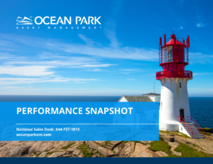 A lighthouse stands on a rocky coastline under a clear blue sky. Text reads: 'OCEAN PARK ASSET MANAGEMENT,' 'PERFORMANCE SNAPSHOT,' 'National Sales Desk: 844-727-1813,' 'oceanparkam.com.'