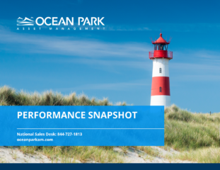Lighthouse stands amidst coastal dunes under clear sky. Text reads: 'OCEAN PARK ASSET MANAGEMENT. PERFORMANCE SNAPSHOT. National Sales Desk: 844-727-1813. oceanparkam.com.'