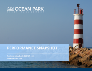 A red and white lighthouse stands on a rocky shore against a clear sky. Text reads: 'OCEAN PARK ASSET MANAGEMENT, PERFORMANCE SNAPSHOT. National Sales Desk: 844-727-1813, oceanparkam.com.'
